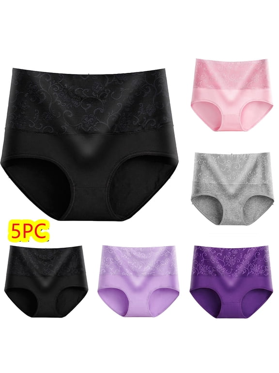 5 Pack Women's Cotton Seamless Brief Underwear High Waisted Full Coverage Ladies Lace Bikini Panties (Available in Plus Size), Multipacks