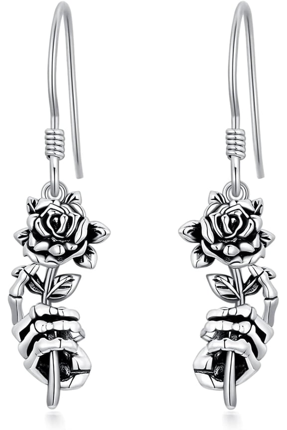 Valentines Day Gifts for Her Skeleton Hand Earrings Sterling Silver Skeleton Bone Rose Dangle Earrings Skull Hand Earrings bone necklace Halloween punk Jewelry Gift for Party Women Men