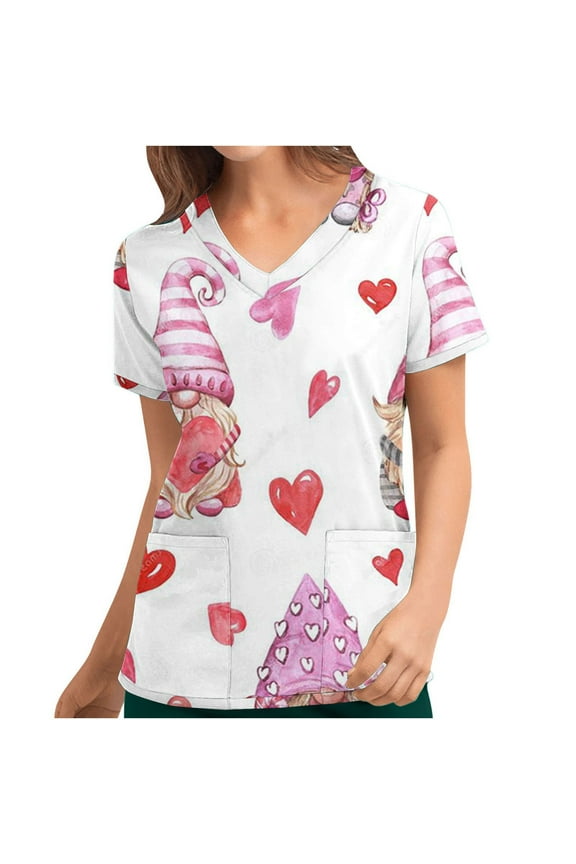 Valentines Day Gifts for Her Tbopshirt Womens Tops Scrubs for Women Valentine's Day Printed Pocket Short Sleeve V-Neck Nurse Top,Valentine's Day