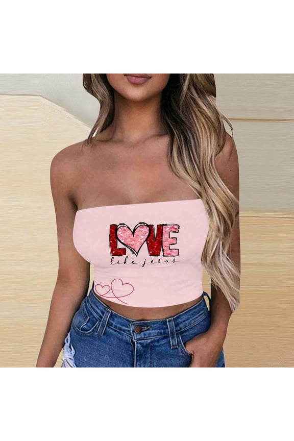 Valentines Day Gifts! Titcea Tube Tops for Women Heart Print Strapless Crop Tops Basic Backless Sleeveless Going Out Cute Bustier Tops