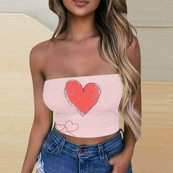 Valentines Day Gifts! Titcea Tube Tops for Women Heart Print Strapless Crop Tops Basic Backless Sleeveless Going Out Cute Bustier Tops