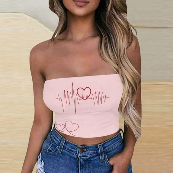 Valentines Day Gifts! Titcea Tube Tops for Women Heart Print Strapless Crop Tops Basic Backless Sleeveless Going Out Cute Bustier Tops