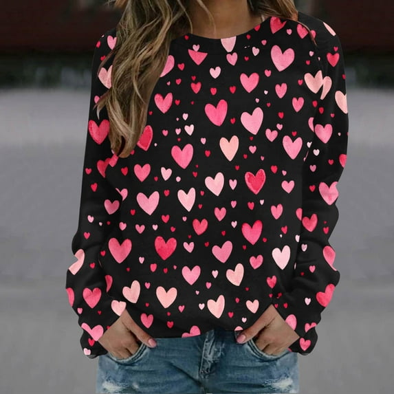 Valentines Day Gifts! Titcea Valentines Sweater Women Fashion Print Long Sleeve Crew Neck Heart Sweater Loose Comfort Casual Top