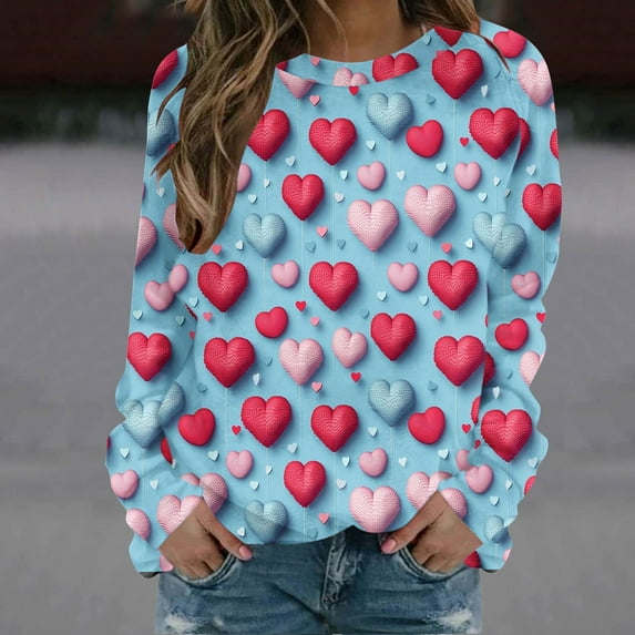 Valentines Day Gifts! Titcea Valentines Sweater Women Fashion Print Long Sleeve Crew Neck Heart Sweater Loose Comfort Casual Top