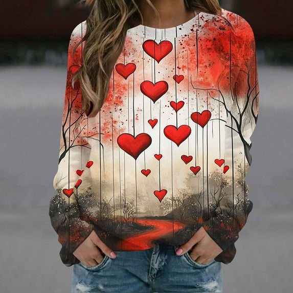 Valentines Day Gifts! Titcea Valentines Sweater Women Fashion Print Long Sleeve Crew Neck Heart Sweater Loose Comfort Casual Top