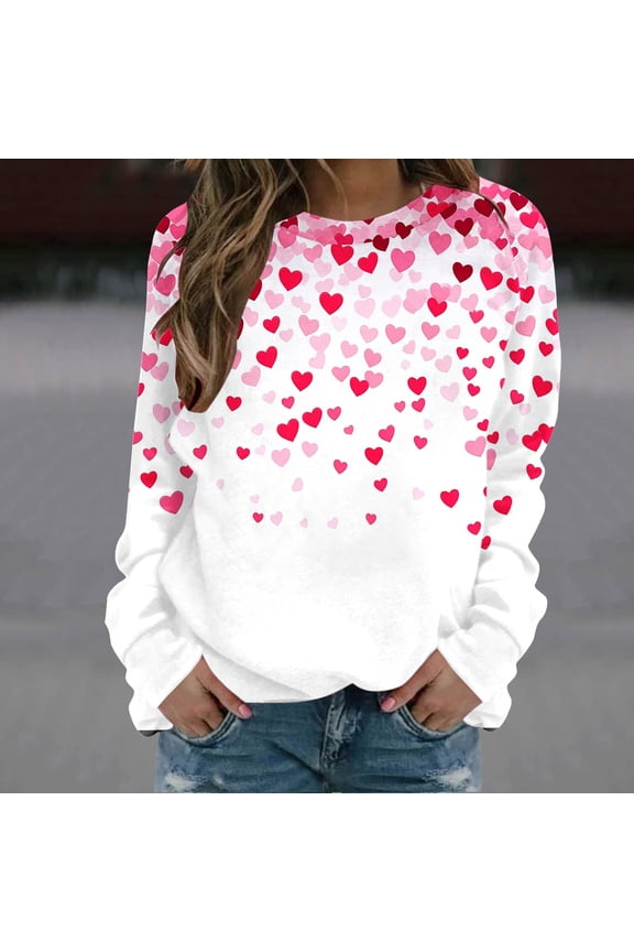 Valentines Day Gifts! Titcea Valentines Sweater Women Fashion Print Long Sleeve Crew Neck Heart Sweater Loose Comfort Casual Top