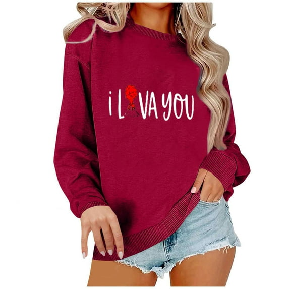 Valentines Day Gifts! Titcea Valentines Sweaters Women Crew Neck Long Sleeve Heart Print Sweater Loose Comfort Casual Heart Shirts Couple Sweatshirt