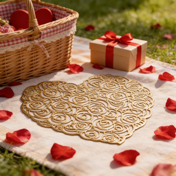 Valentines Day Gifts,Valentines Day Decorations,Valentines's Day Heart Shape Pvc Table Mat Round Waterproof And Avoid Scalding Western Style Table Mat Decoration(Gold)