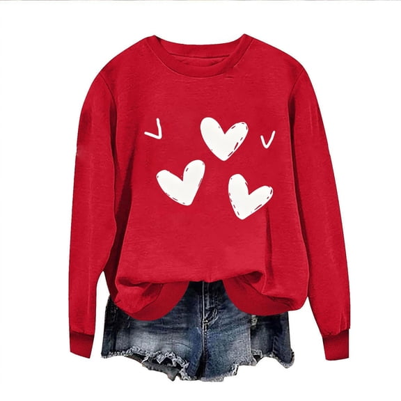 Valentines Day Gifts for Her Women's Cute Heart Print Round-Neck Hoodless Sweatshirt Trendy Long Sleeve Outfits Comfy Romance Tees Casual Love Clothing Tops