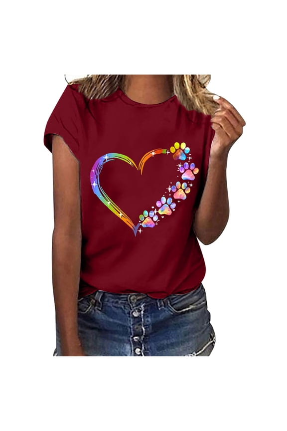 Valentines Day Gifts Zpanxa Valentines Shirts for Women, Cute Casual Summer Tops, Graphic Tees for Teen Girls, Ladies Tops and Blouses, Fashion Short Sleeve Heart Shirts Wine 3XL