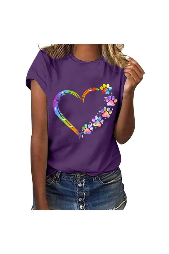 Valentines Day Gifts Zpanxa Valentines Shirts for Women, Cute Casual Summer Tops, Graphic Tees for Teen Girls, Ladies Tops and Blouses, Fashion Short Sleeve Heart Shirts Purple L