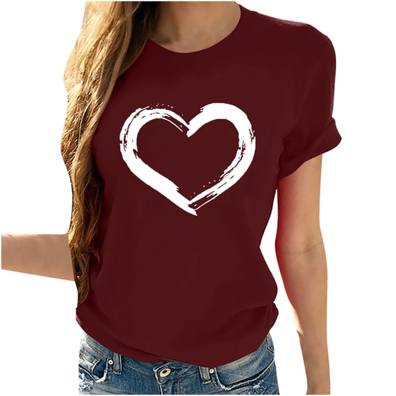 Valentines Day Gifts Zpanxa Valentines Shirts for Women, Cute Casual Summer Tops, Graphic Tees for Teen Girls, Ladies Tops and Blouses, Fashion Short Sleeve Heart Shirts Wine L