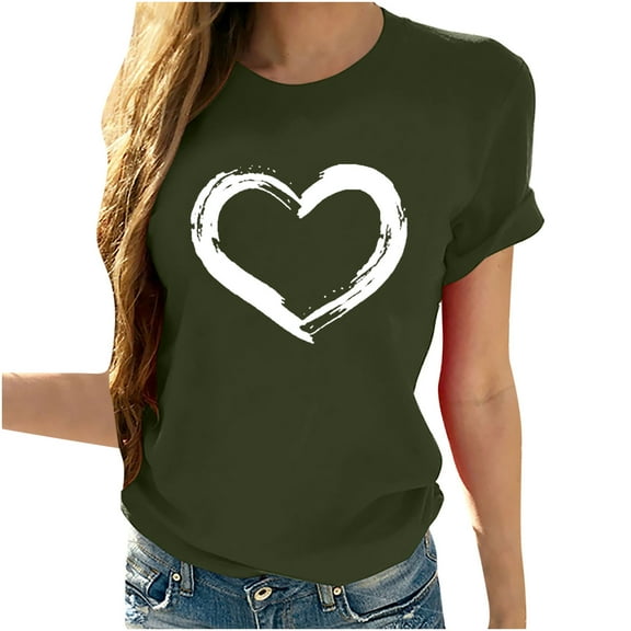 Valentines Day Gifts Zpanxa Valentines Shirts for Women, Cute Casual Summer Tops, Graphic Tees for Teen Girls, Ladies Tops and Blouses, Fashion Short Sleeve Heart Shirts Army Green L