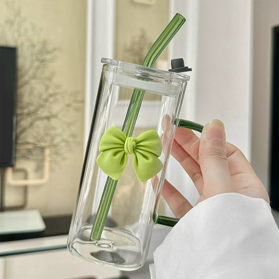 Valentines Day Gifts for Her 400ml Glass Water Cup with Handle Cover Glass Straw and Detachable Butterflys Decoration New Style-vlt-10, Green