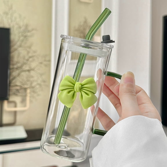 Valentines Day Gifts for Her 400ml Glass Water Cup with Handle Cover Glass Straw and Detachable Butterflys Decoration New Style-vlt-10, Green