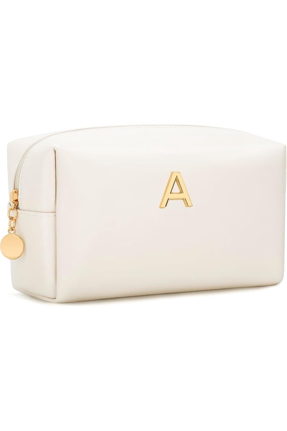 Valentines Day Gifts for Her Bridesmaid Gifts Personalized Initial Makeup Bag for Women PU Leather   Travel Toiletry Bag (A)