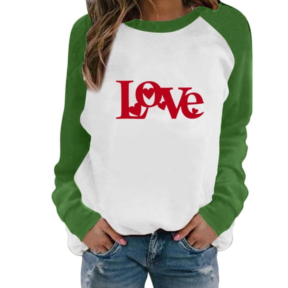 Valentines Day Gifts for Her Letter Print with Sleeve Round Neck Business Casual,Green,L