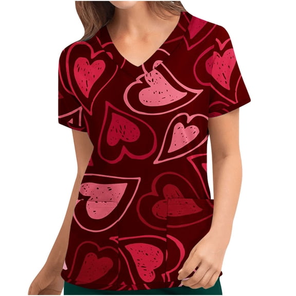 Valentines Day Gifts for Her Tbopshirt Womens Tops Scrubs for Women Valentine's Day Printed Pocket Short Sleeve V-Neck Nurse Top,Valentine's Day