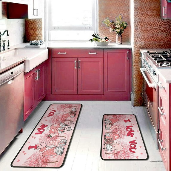 Valentines Day Gnome Kitchen Rugs Set 2Pcs I Love You Kitchen Floor Rug and Mat Non Skid Waterproof Kitchen Runner Rug Standing Area Mat Carpets for Anniversary Holiday Indoor Decor 17"x47"+17"x30"