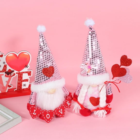 Valentines Day Gnomes Decorations Mr & Mrs Swedish Tomte Stuffed Plush Gnomes with Pink Sequined Hat & Heart Balloon 11.4inch Elf Figurines Ornaments for Tiered Tray Decor