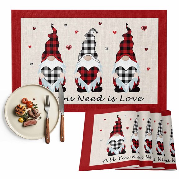 Valentines Day Gnomes Placemat of 1 PC, Buffalo Check Plaid Love Hearts Table Mats Washable Heat-Resistant Non-Slip for Kitchen Dinner Table Indoor Outdoor Decor,13x19 Inch Rustic Farmhouse