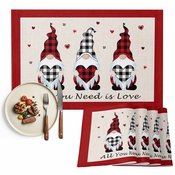 Valentines Day Gnomes Placemats Set of 4, Buffalo Check Plaid Love Hearts Table Mats Washable Heat-Resistant Non-Slip for Kitchen Dinner Table Indoor Outdoor Decor,13x19 Inch Rustic Farmhouse