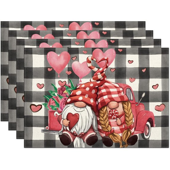 Valentines Day Gnomes Placemats Set of 6,12x18 Inch Buffalo Plaid Gnomes with Love Hearts Truck Heat-Resistant Place Mats,Anniversary Wedding Table Decors for Farmhouse Kitchen Dining Party