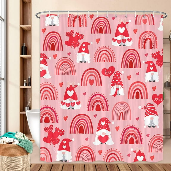 Valentines Day Gnomes Shower Curtain Blush Pink, Love Hearts Rainbow Romantic Bathroom Decor, Cute Chic Happy Valentines Day Retro 70s Style Fabric Bath Curtain with Hooks 72X72 Inches