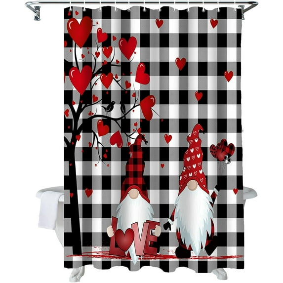 Valentines Day Gnomes Shower Curtain Red Love Heart Shower Curtains for Bathroom Decor Black Buffalo Plaid Bath Curtains Sets with Hooks for Valentines Day Home Decor Waterproof Extra Long 72 x 84