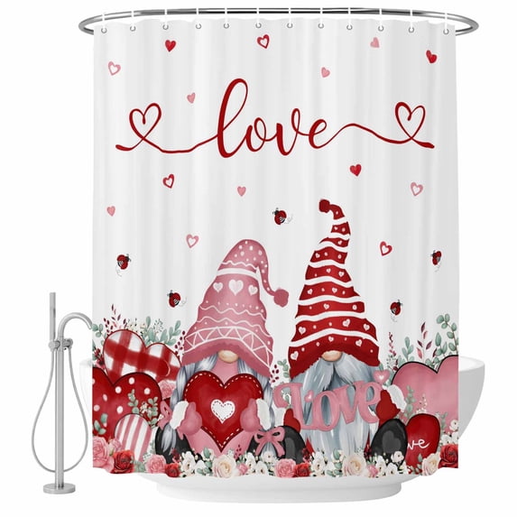 Valentines Day Gnomes Shower Curtain Set - Small 36" x 72" Washable Bathtub Curtain with 12 Hooks, Pink Red Love Heart Eucalyptus Waterproof Fabric Stall Shower Curtains for Bathroom/Bathtub Décor