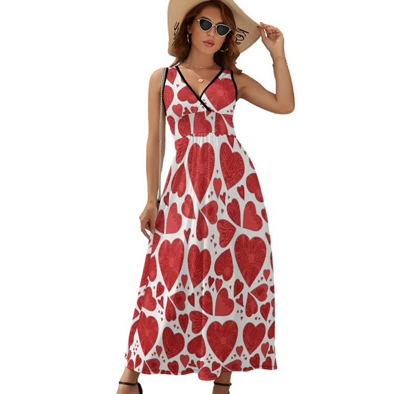 Valentines Day Hand Drawn Red Hearts Sleeveless Dress Dresses Women Summer Evening Dresses Ladies Bohemia Long Dresses