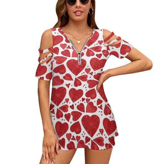 Valentines Day Hand Drawn Red Hearts Womens Summer V Neck Zipper Top Short Sleeve T Shirt Off Shoulder Top Casual Classy Loose Shirts