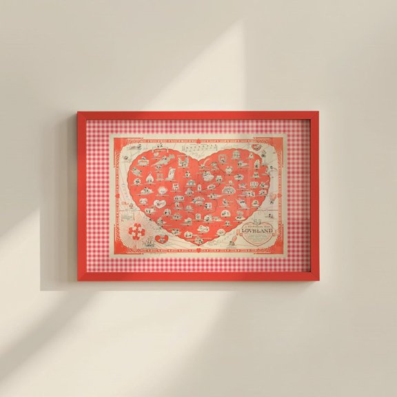 Valentines Day Heart Map Poster, Red Gingham Romantic Wall Art