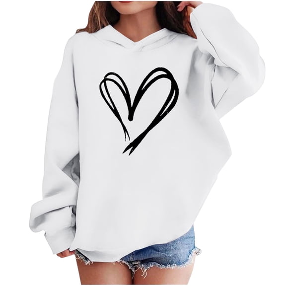 Valentines Day Heart Print Hooded Girls Long Sleeve Pullover Sweatshirt Kids Oversized Hoodies Tops Girl's Oversized Sweatshirts White 9Y