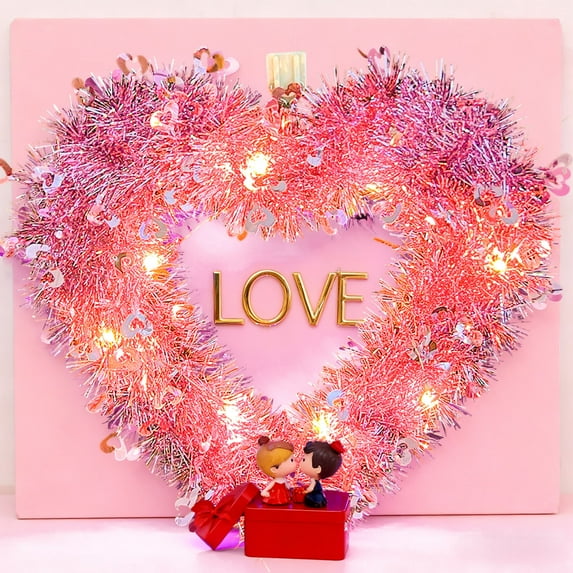 Valentines Day Heart-Shaped Wreath with Light Valentine Decorations Indoor Valentines Day Front Door Decorations Valentine Outdoor Decor Wreath