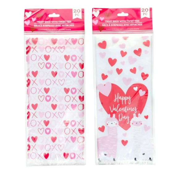 Valentines Day Heart Themed Treat Bags with Twist Ties 20 Pieces Each for Home Party Favor Candy Cookies Goodie Bag Container Decoration Gift Supplies Pack of 2 - Design Vary (Total of 40)