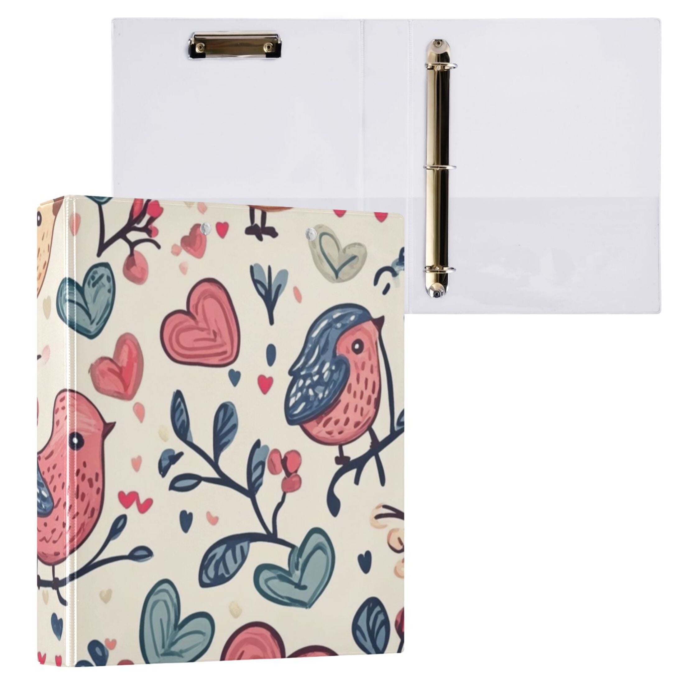 Valentines Day Hearts Birds 3 Ring Binders 1.5 inch Hardcover File Folders with Interior Pockets A4 Size Organizer for School Office Hospital