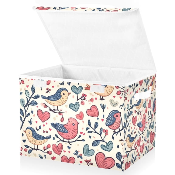 Valentines Day Hearts Birds Storage Basket for Shelves Foldable Container Organizer for Organizing Toys Clothes Books with Handles