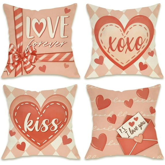 Valentines Day Hearts Decorative Throw Pillow Covers 18 x 18 Set of 4, Peach Pink Letter Bow Love Forever Porch Outdoor Pillowcase, Plaid Anniversary Wedding Cushion Case Home Decor