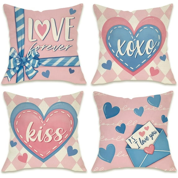 Valentines Day Hearts Decorative Throw Pillow Covers 18 x 18 Set of 4, Pink Blue Letter Bow Kiss Love Forever Porch Outdoor Pillowcase, Plaid Anniversary Wedding Cushion Case Home Decor