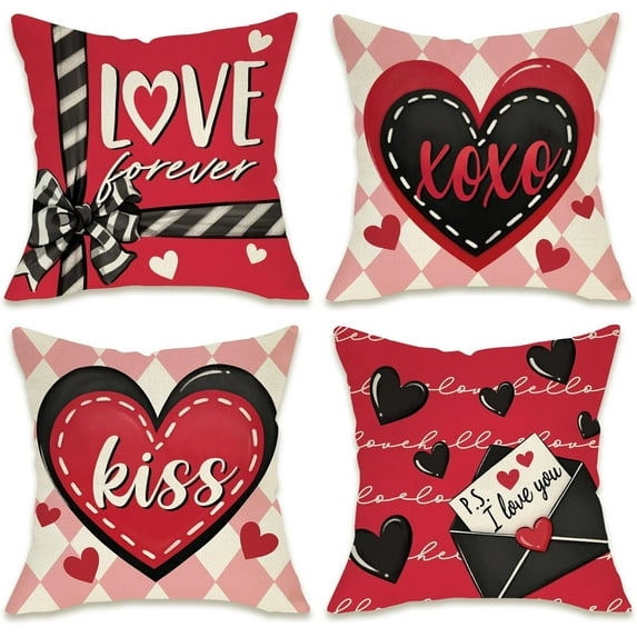 Valentines Day Hearts Decorative Throw Pillow Covers 18 x 18 Set of 4, Red Black Letter Bow Love Forever Porch Outdoor Pillowcase, Plaid Anniversary Wedding Cushion Case Home Decor