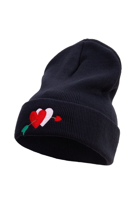 Valentines Day Hearts with Arrow Embroidered 12 Inch Long Knitted Beanie - Black OSFM