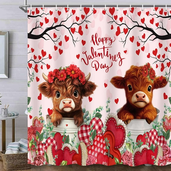 Valentines Day Highland Cow Shower Curtain, Flower Floral Valentine's Day Love Hearts Shower Curtain Set with Hooks, Romantic Red Rose Funny Animals Farmhouse Fabric Bathroom Decor 72 x 72 Inches