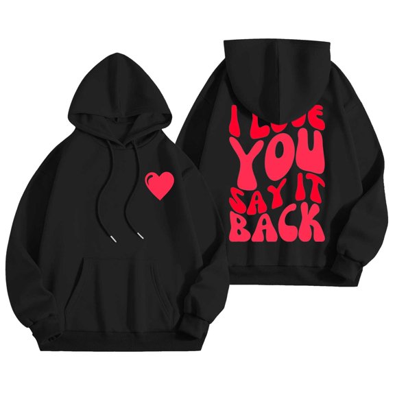 Valentines Day Hoodie Women Hooded Sweatshirts Fashion I Love You Letter Print Long Sleeve Casual With Pocket Ladies Pullover Tops