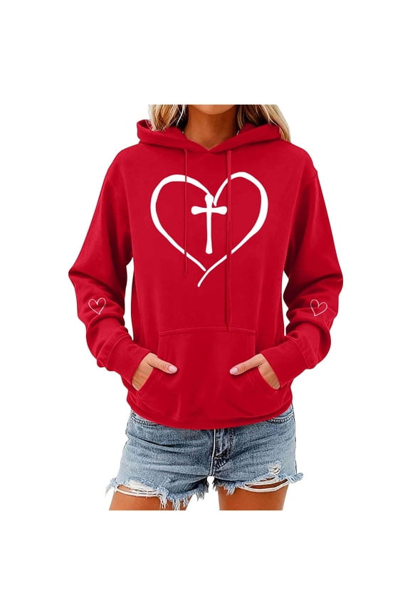Valentines Day Hoodies for Women Casual Loose Pullover Sweatshirts Long Sleeve Red Sweater Tops with Pockets, 3XL