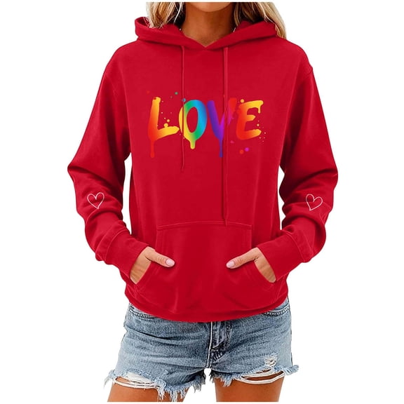 Valentines Day Hoodies for Women Casual Loose Pullover Sweatshirts Long Sleeve Red Sweater Tops with Pockets, S