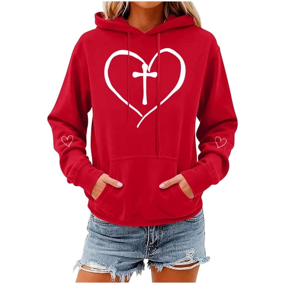 Valentines Day Hoodies for Women Casual Loose Pullover Sweatshirts Long Sleeve Red Sweater Tops with Pockets, S