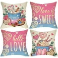 thumbnail image 1 of Valentines Day Hot Cocoa Decorative Throw Pillow Covers 16 x 16 Set of 4, Pink Blue Pastel Love is Sweet Hearts Porch Outdoor Home Decor, Hello Love Anniversary Wedding Couch Cushion Case, 1 of 5