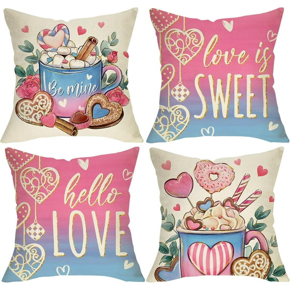 Valentines Day Hot Cocoa Decorative Throw Pillow Covers 18 x 18 Set of 4, Pink Blue Pastel Love is Sweet Hearts Porch Outdoor Home Decor, Hello Love Anniversary Wedding Couch Cushion Case