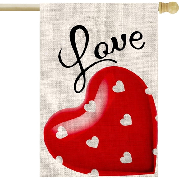 Valentines Day House Flag 28x40 Inch Double Sided Love Heart Outside Burlap Flag for Anniversary Wedding Holiday Yard Outdoor Decoration